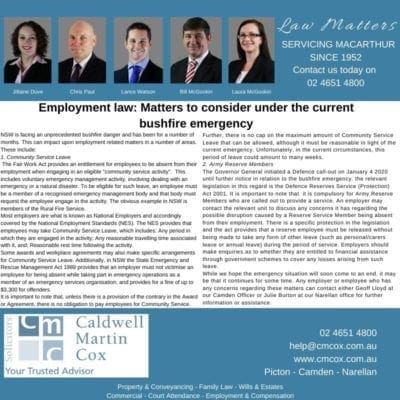 Employment law: Matters to consider under the current bushfire emergency