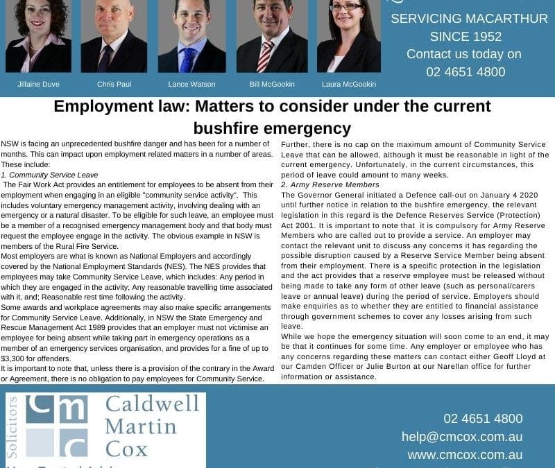 Employment law: Matters to consider under the current bushfire emergency